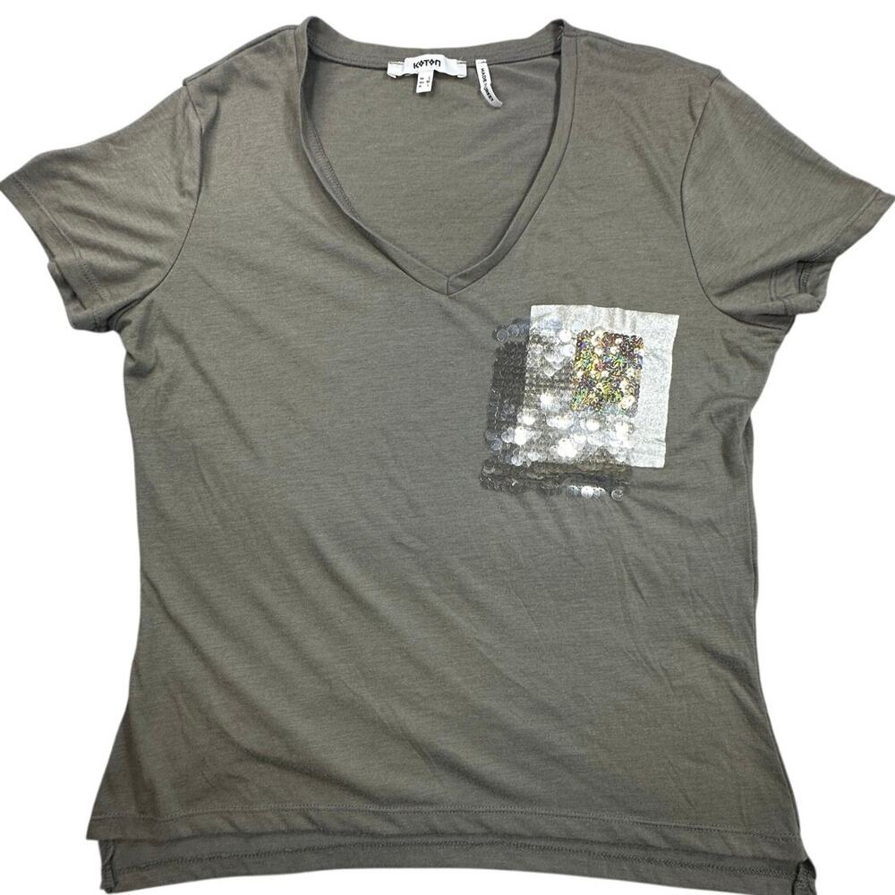 Koton Women’s Sequin Pocket V-Neck T-Shirt Khaki Green